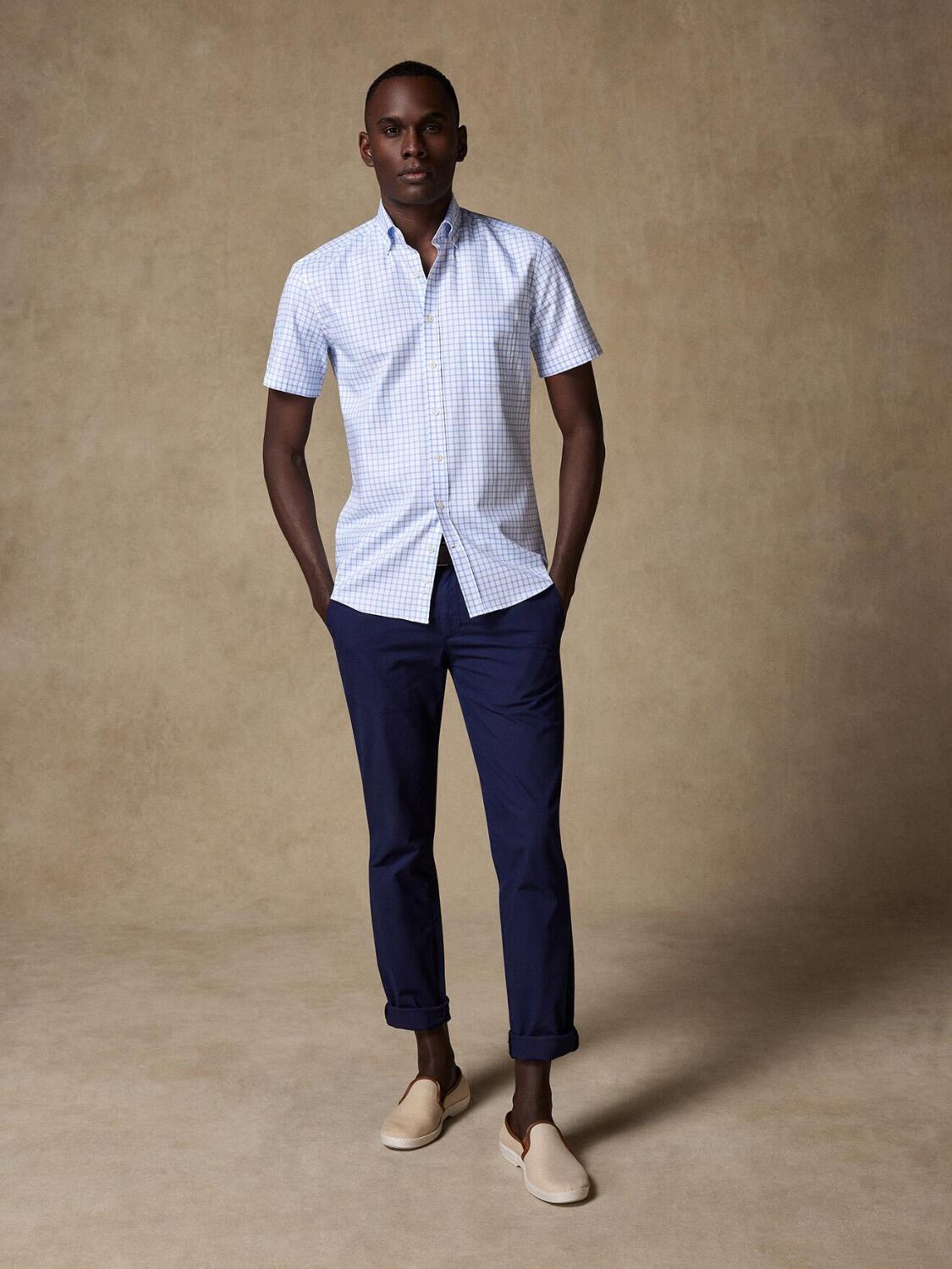 Chemise à manches courtes Dorian à carreaux ciel - Col Boutonné