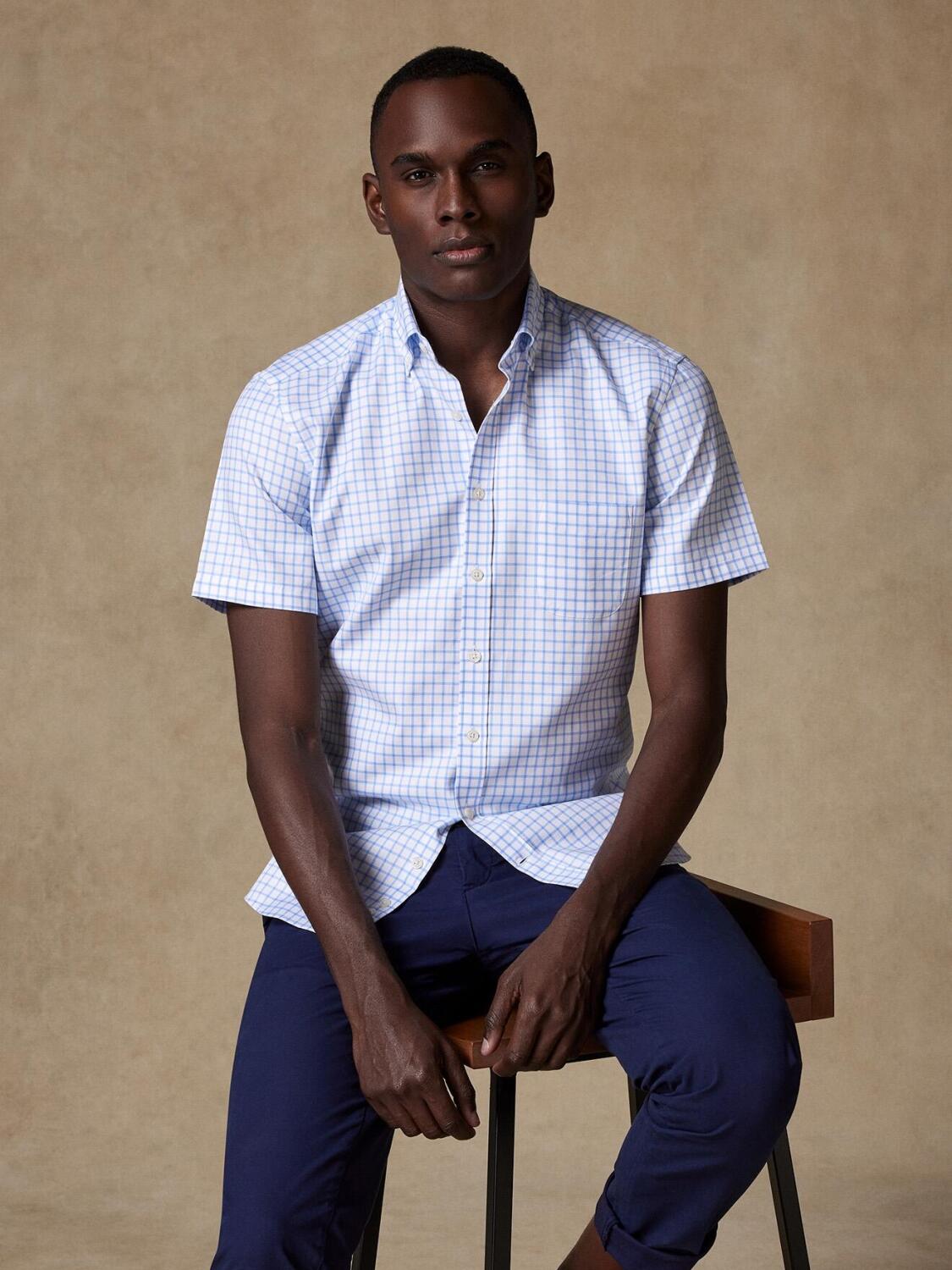 Chemise à manches courtes Dorian à carreaux ciel - Col Boutonné