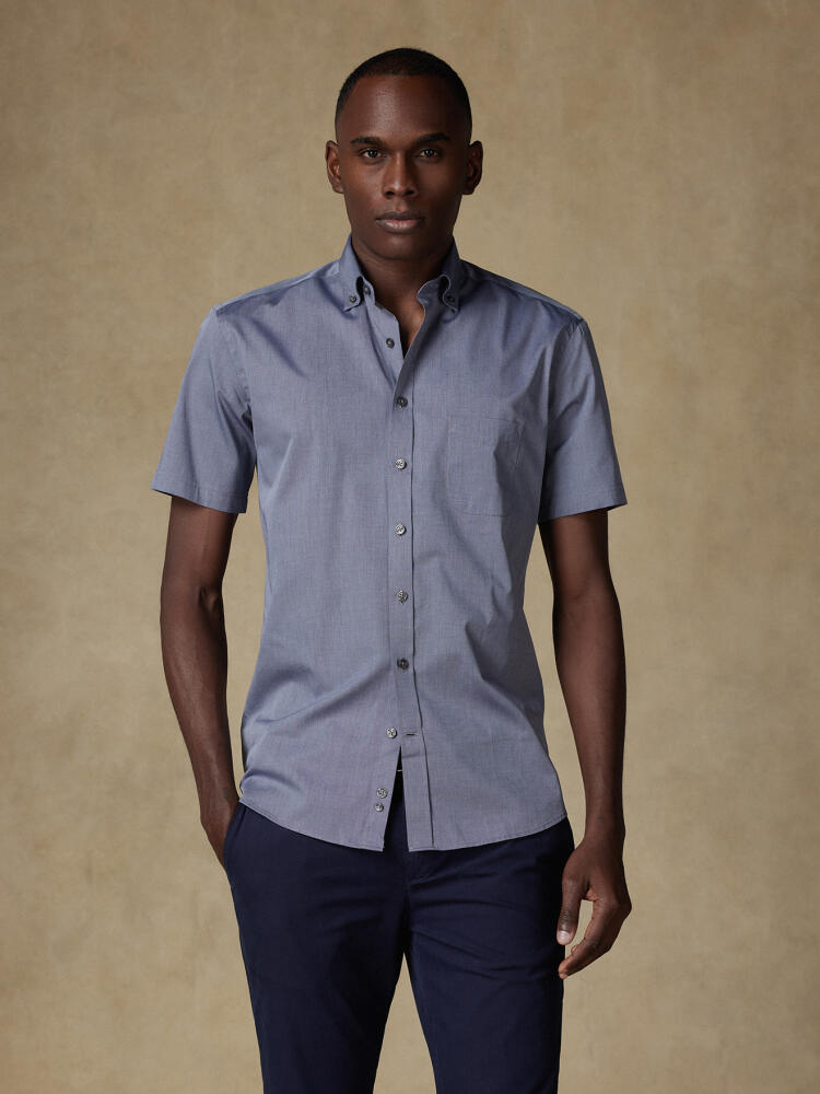 Chemise manches courtes en fil &agrave; fil gris - Col boutonn&eacute;