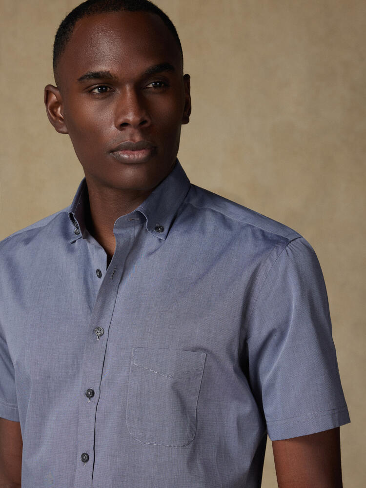Chemise manches courtes en fil &agrave; fil gris - Col boutonn&eacute;