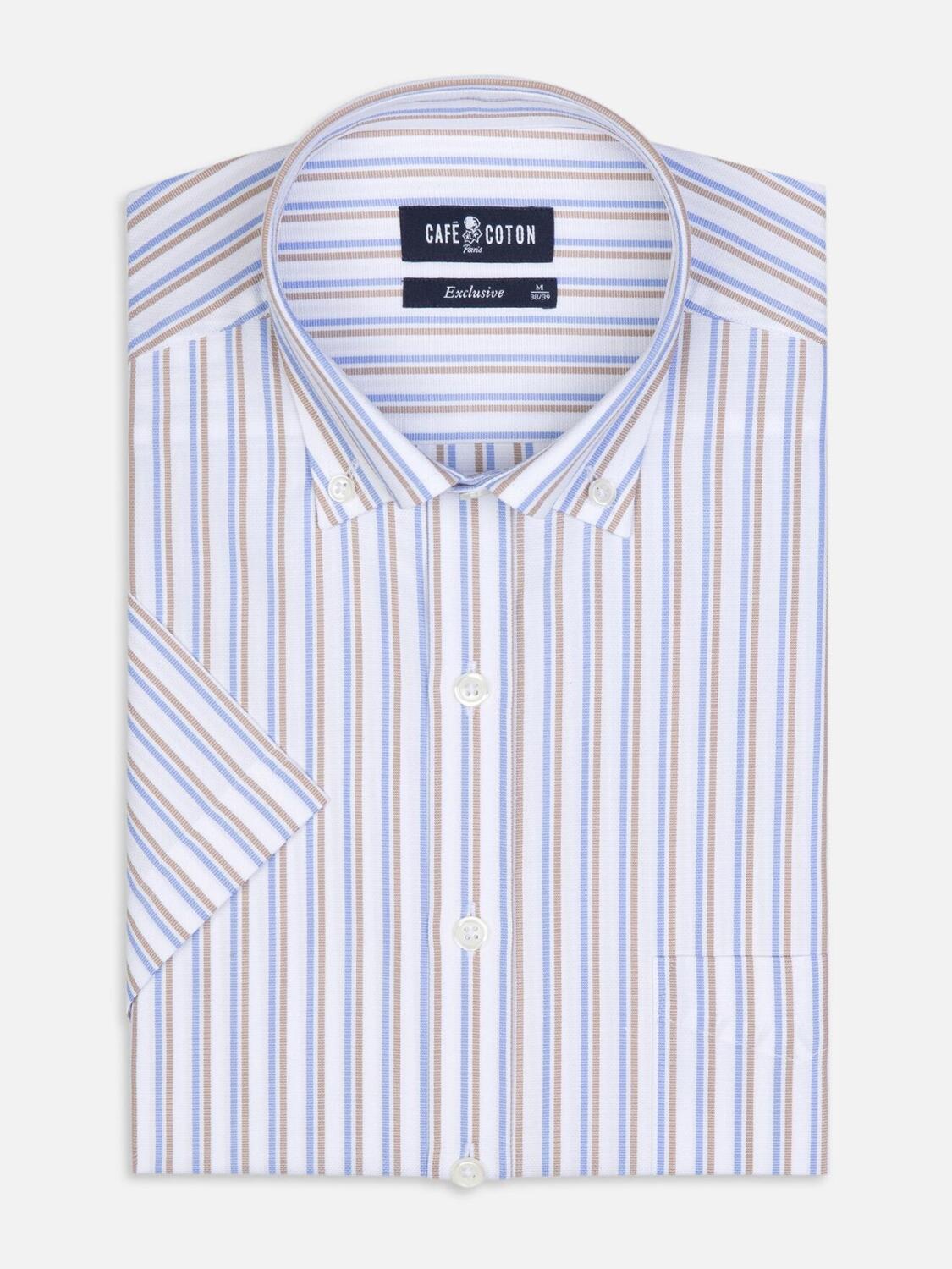 Camicia a maniche corte a righe blu e sabbia Finn - Collo abbottonato