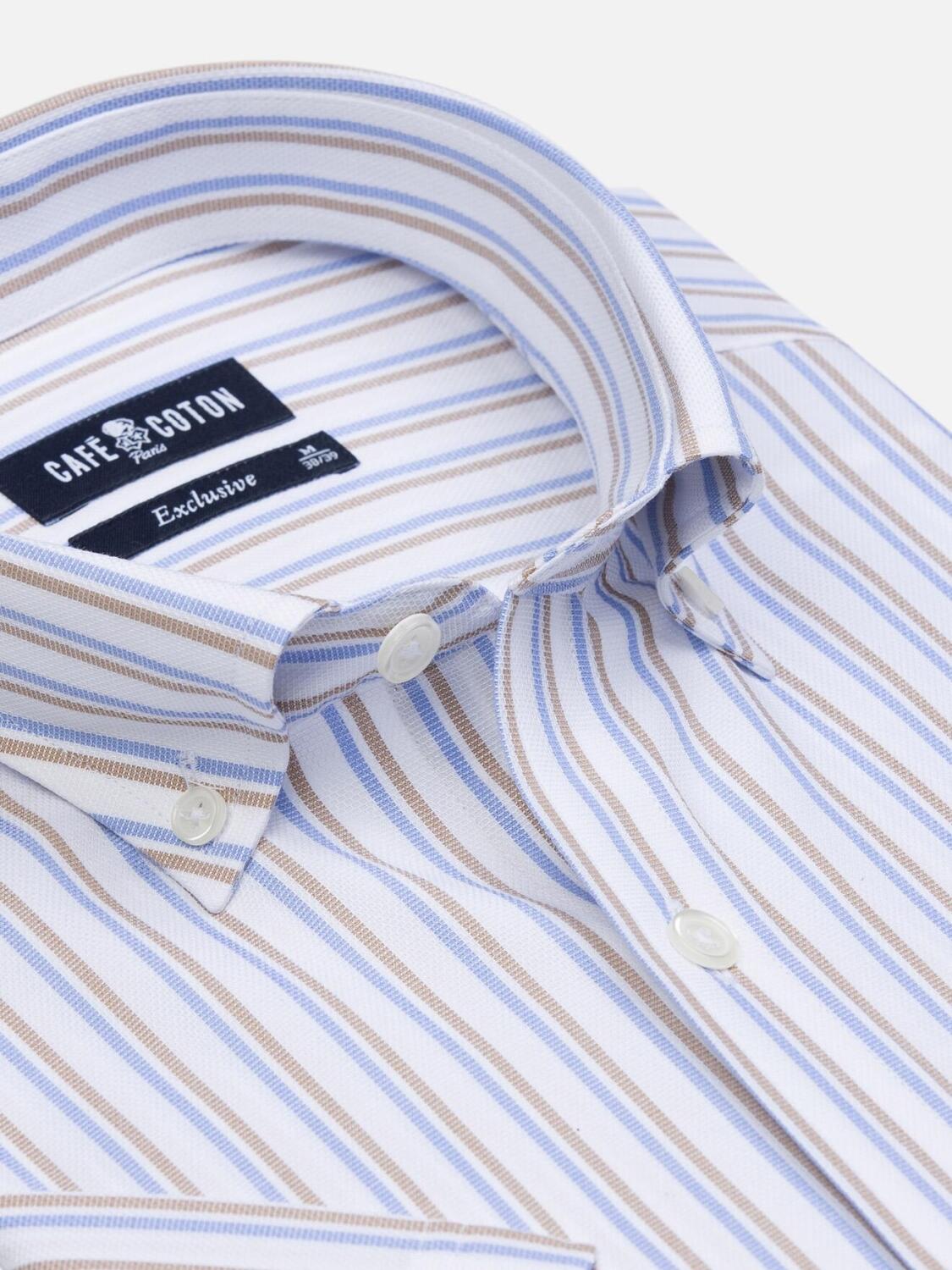 Camicia a maniche corte a righe blu e sabbia Finn - Collo abbottonato