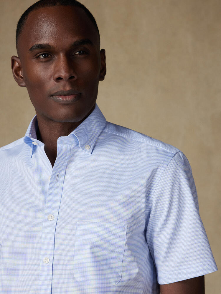 Gill short sleeves shirt with sky blue checkered - Button down collar