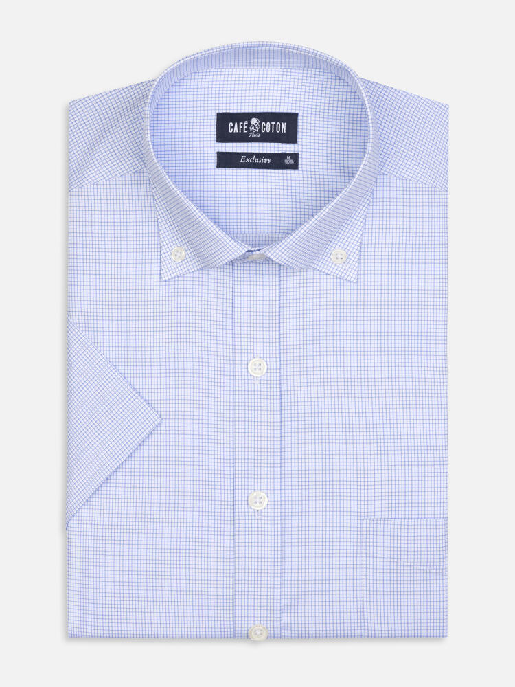 Gill short sleeves shirt with sky blue checkered - Button down collar