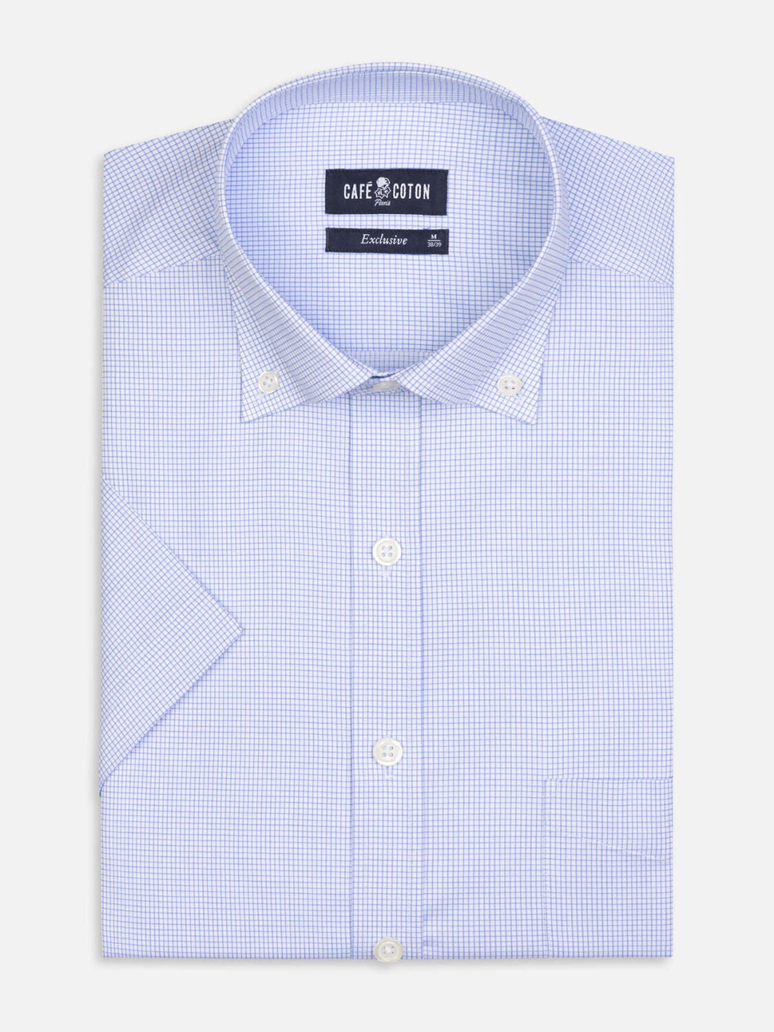 Gill short sleeves shirt with sky blue checkered   - Button down collar