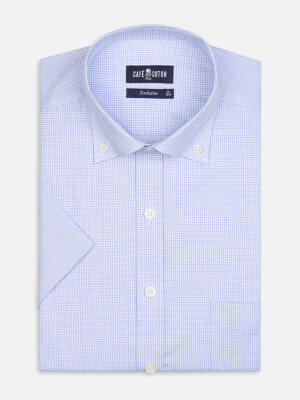 Chemise manches courtes Gill &agrave; carreaux ciel  - Col boutonn&eacute;