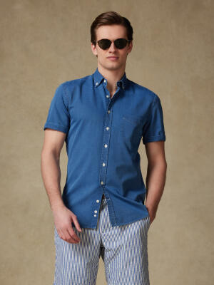 Grab short sleeves shirt indigo   - Button down collar
