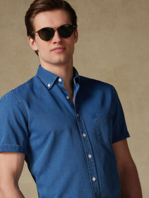 Grab short sleeves shirt indigo   - Button down collar