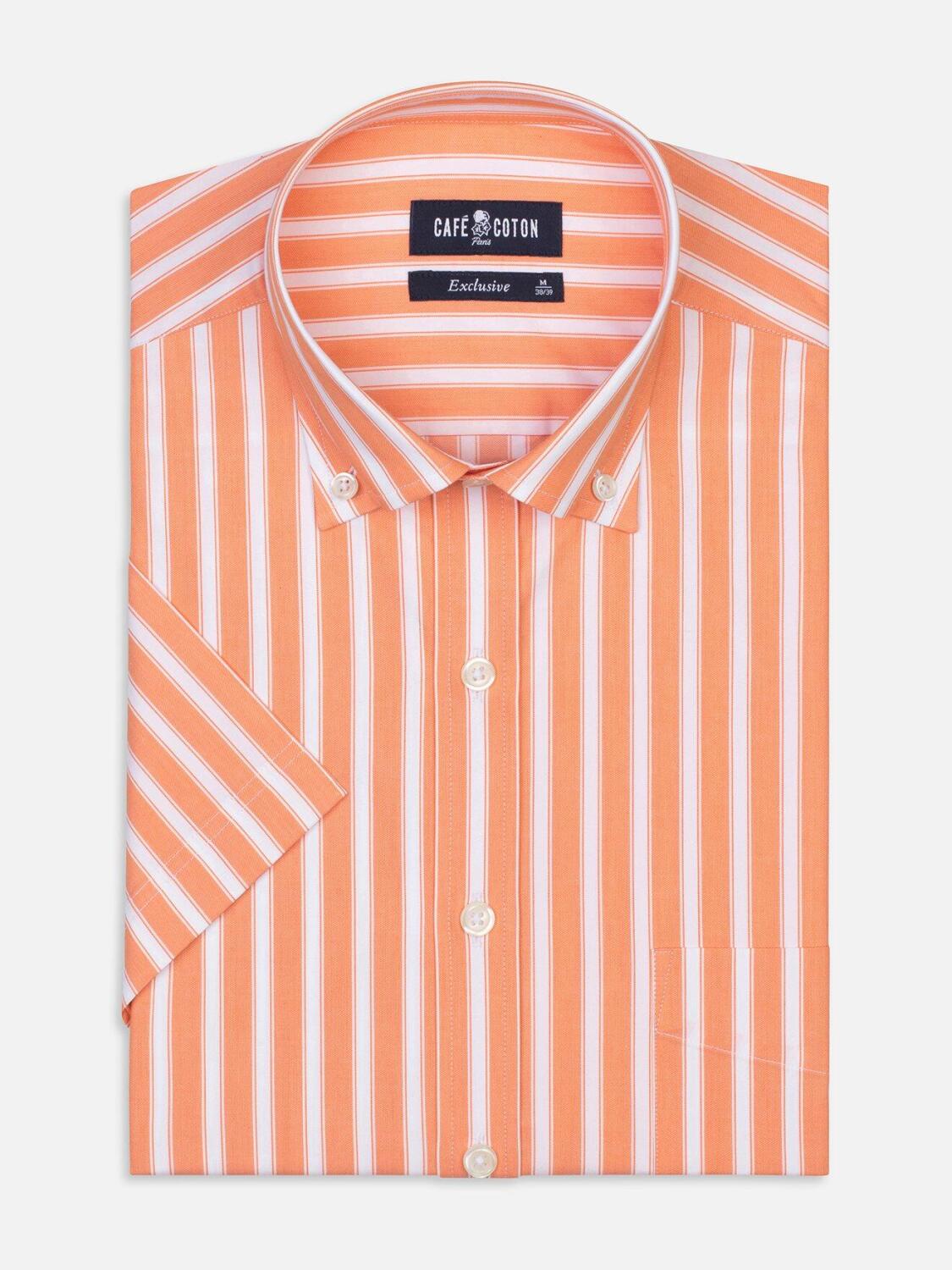 Orange and white stripes twill shirt  - Short sleeves