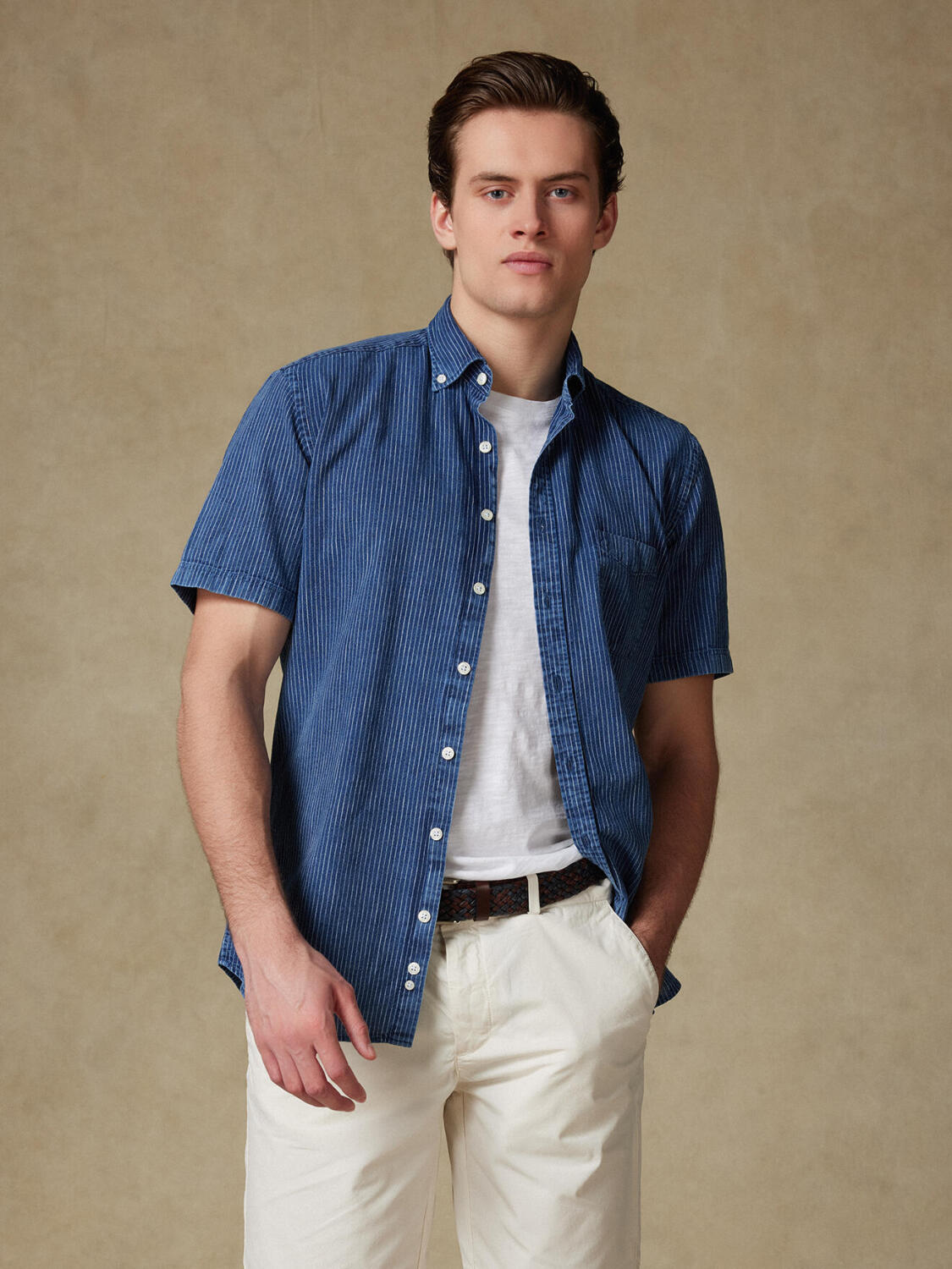 Camicia a maniche corte Island a righe indaco - Colletto button-down