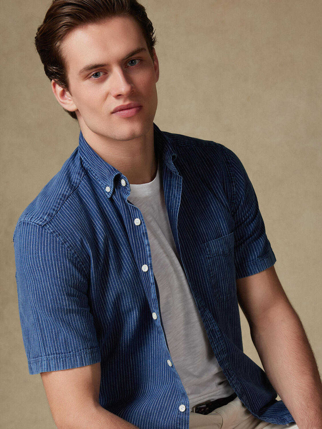 Camicia a maniche corte Island a righe indaco - Colletto button-down