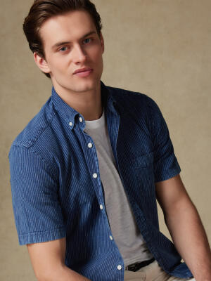 Island short sleeves shirt with indigo stripes   - Button down collar