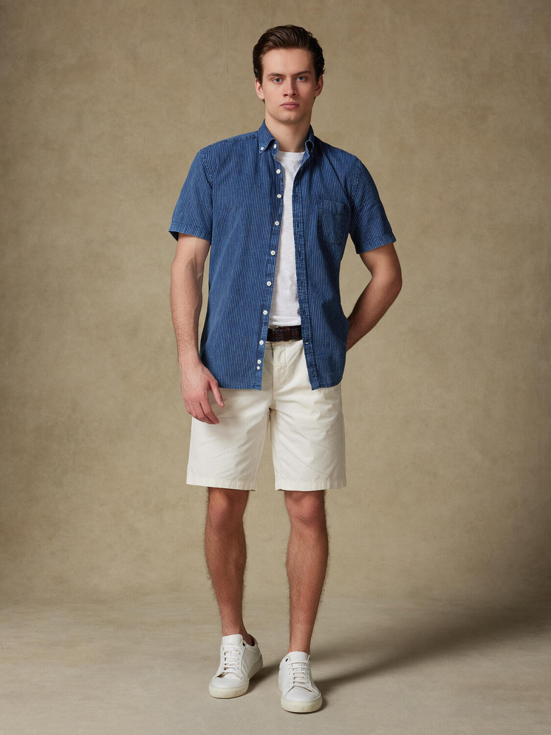 Camicia a maniche corte Island a righe indaco - Colletto button-down