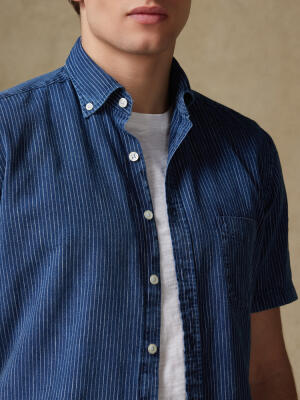 Island short sleeves shirt with indigo stripes   - Button down collar