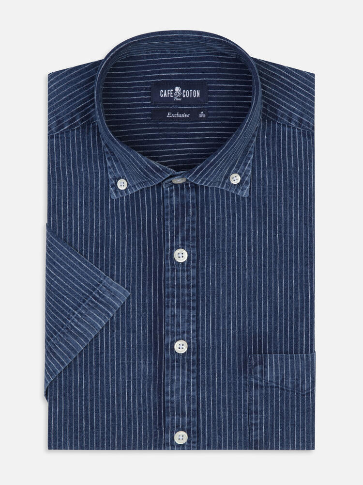 Island short sleeves shirt with indigo stripes   - Button down collar