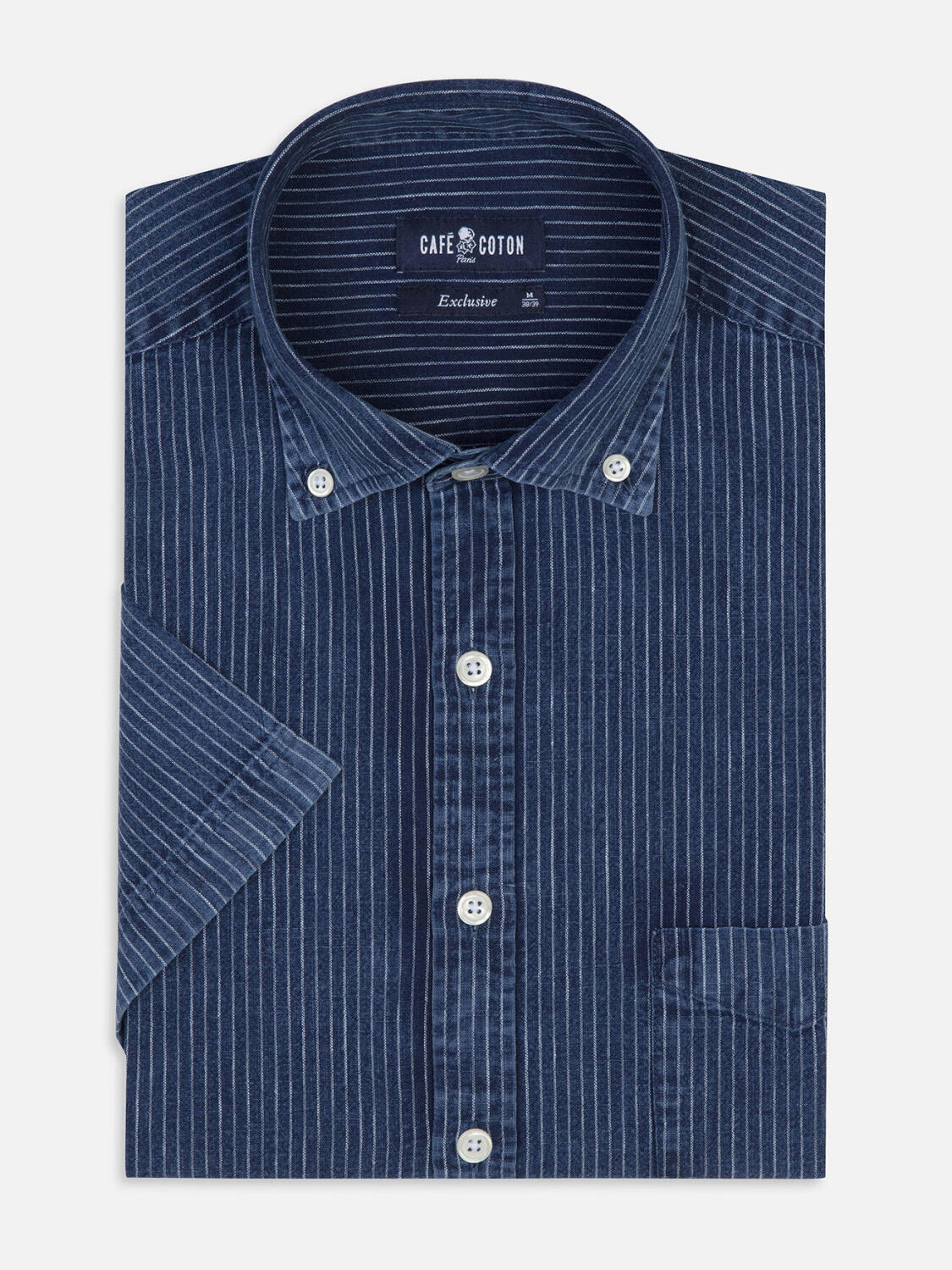 Camicia a maniche corte Island a righe indaco - Colletto button-down