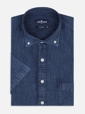 Island short sleeves shirt with indigo stripes   - Button down collar