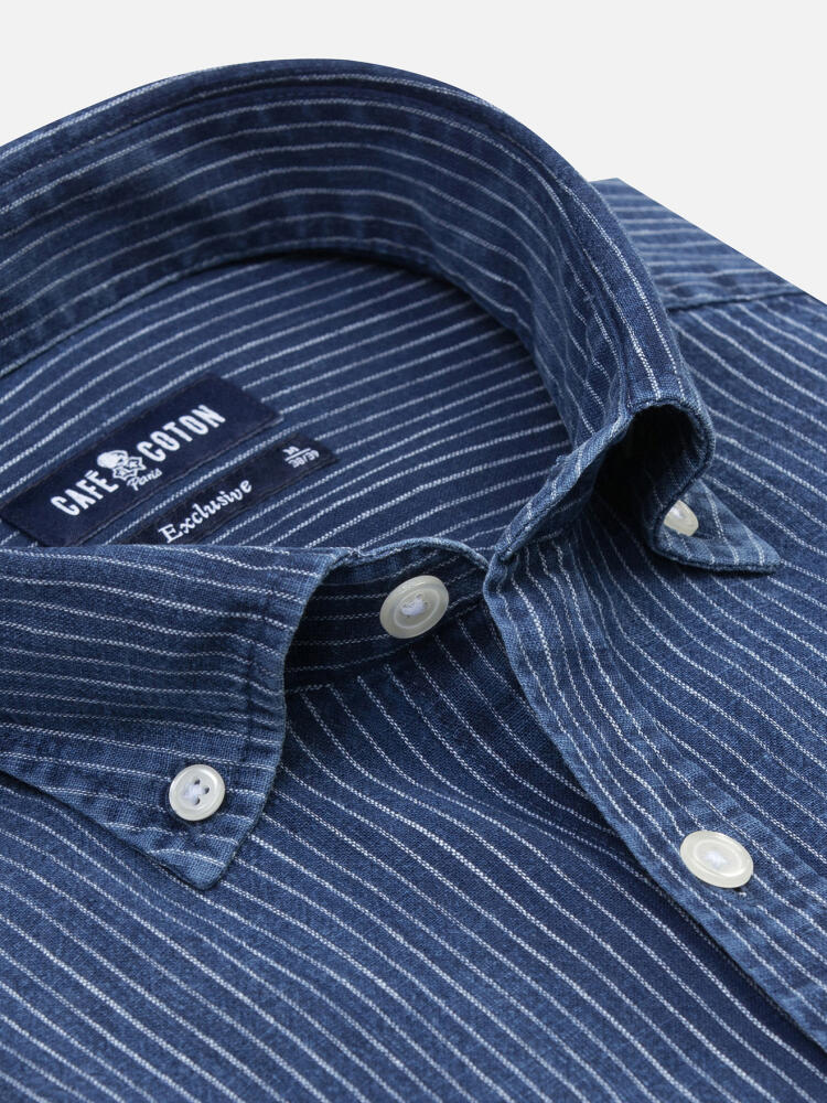 Island short sleeves shirt with indigo stripes   - Button down collar