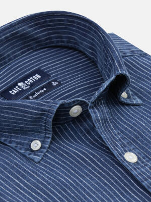 Island short sleeves shirt with indigo stripes   - Button down collar