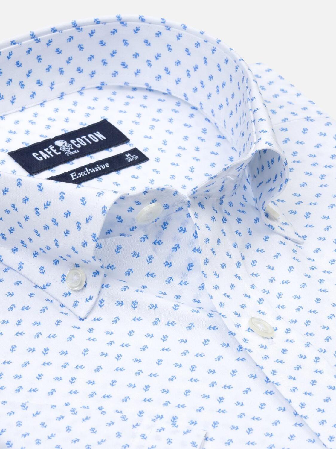 Blue floral printed white popelin shirt  - Short sleeves