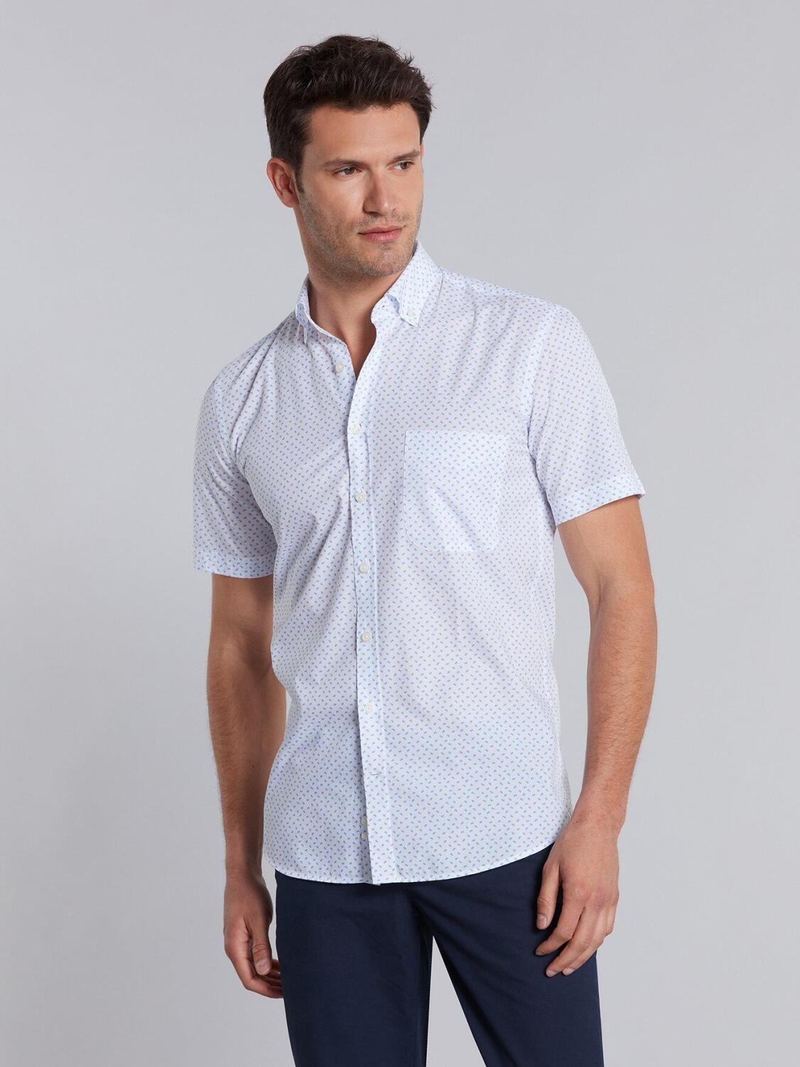 Blue floral printed white popelin shirt  - Short sleeves