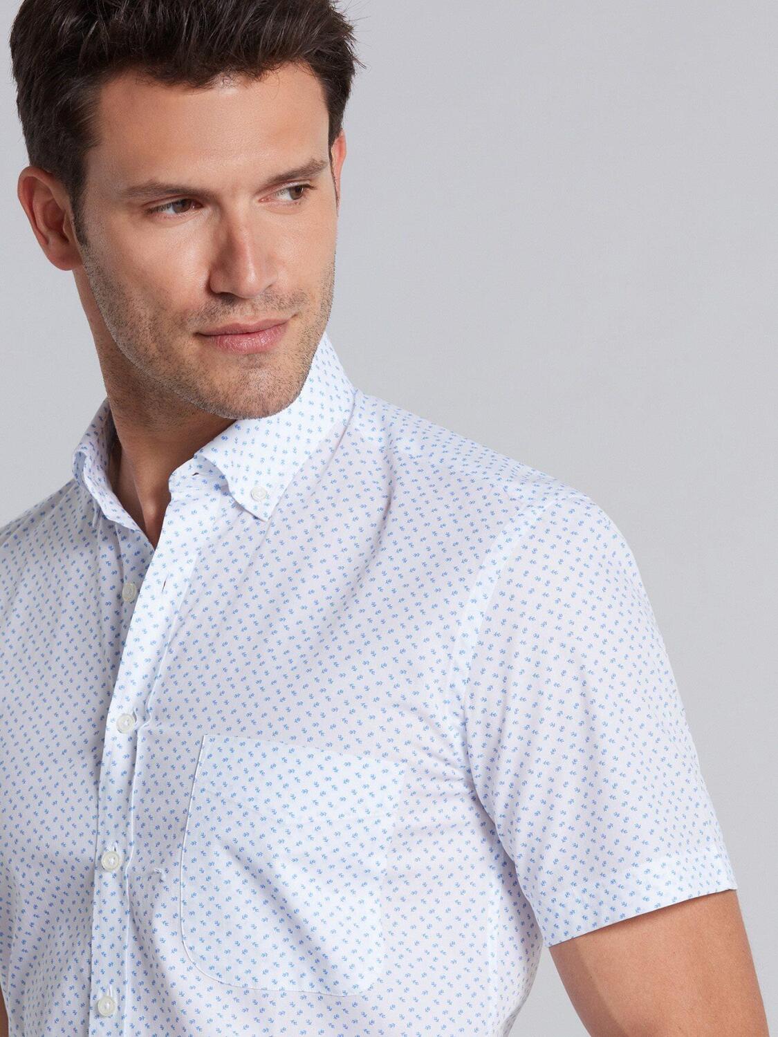 Blue floral printed white popelin shirt  - Short sleeves