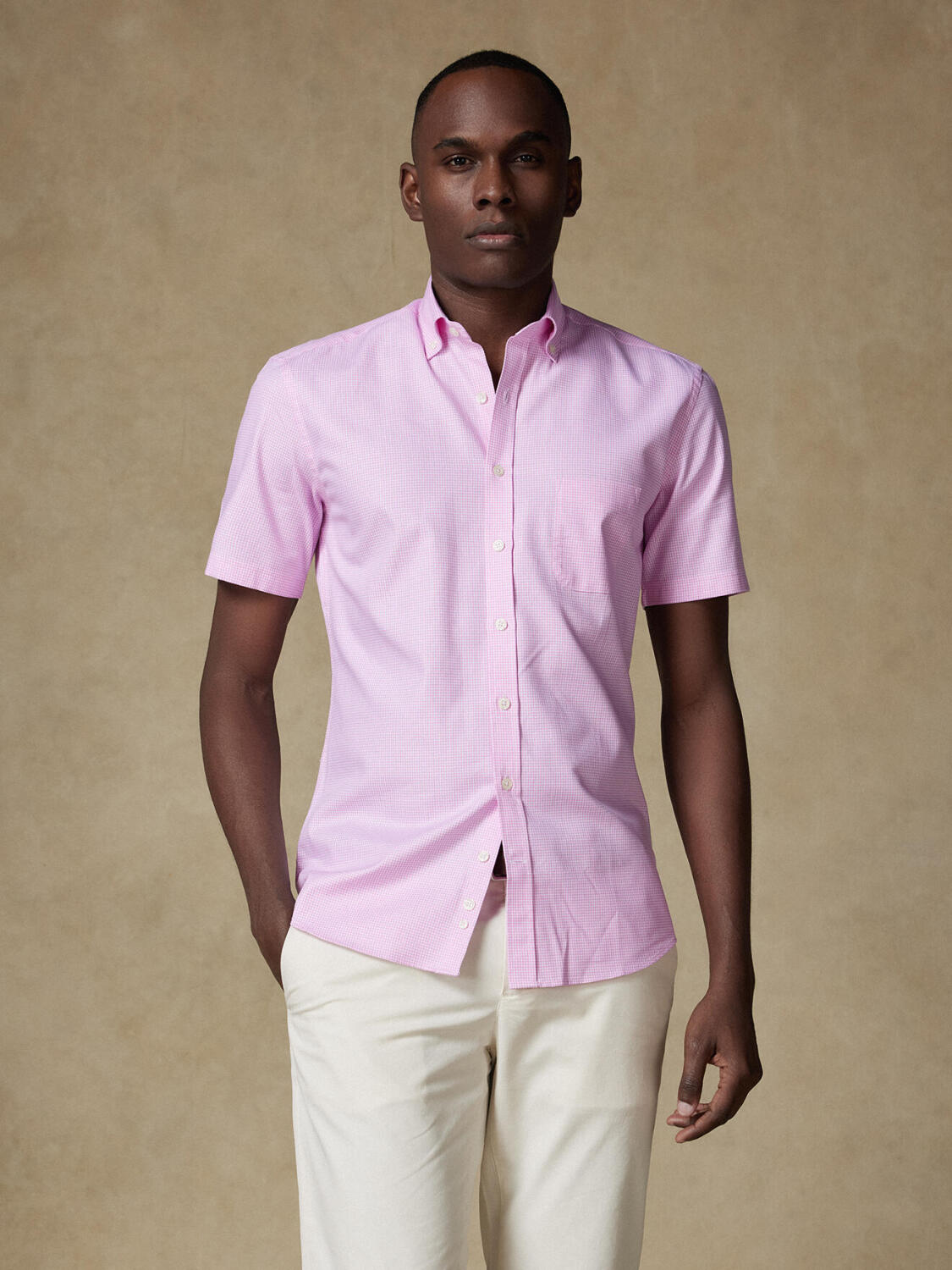 Camisa de manga corta Landry de vichy rosa - Cuello abotonada