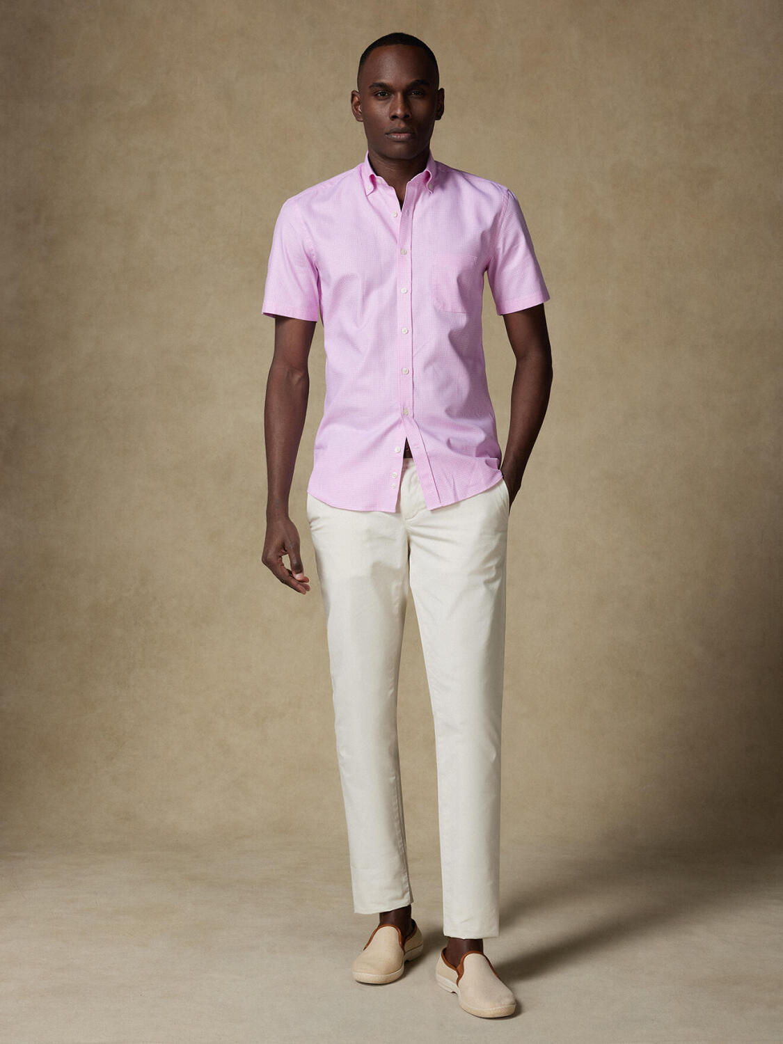 Camisa de manga corta Landry de vichy rosa - Cuello abotonada