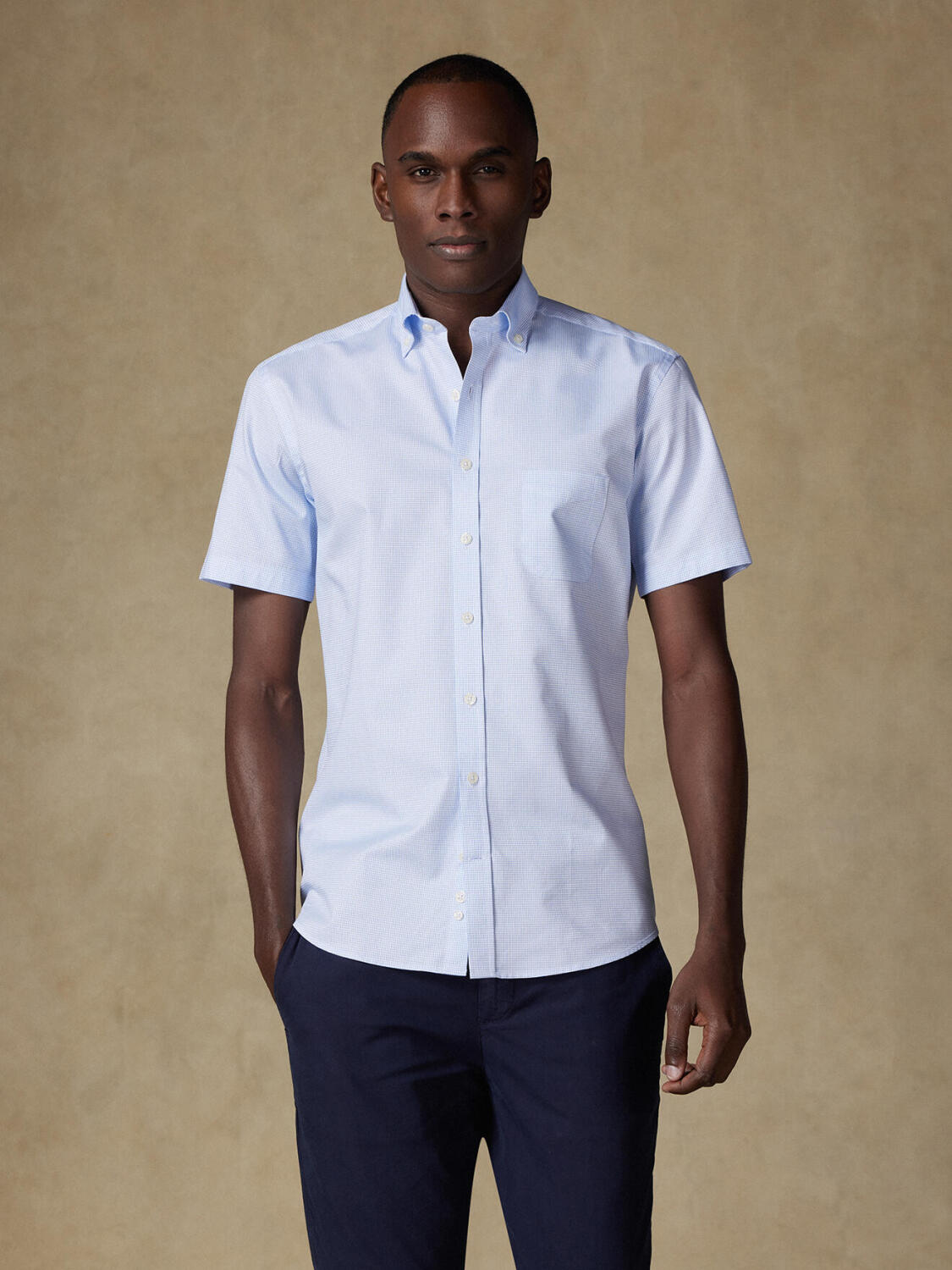 Chemise manches courtes Lenny &agrave; carreaux ciel  - Col Boutonn&eacute;