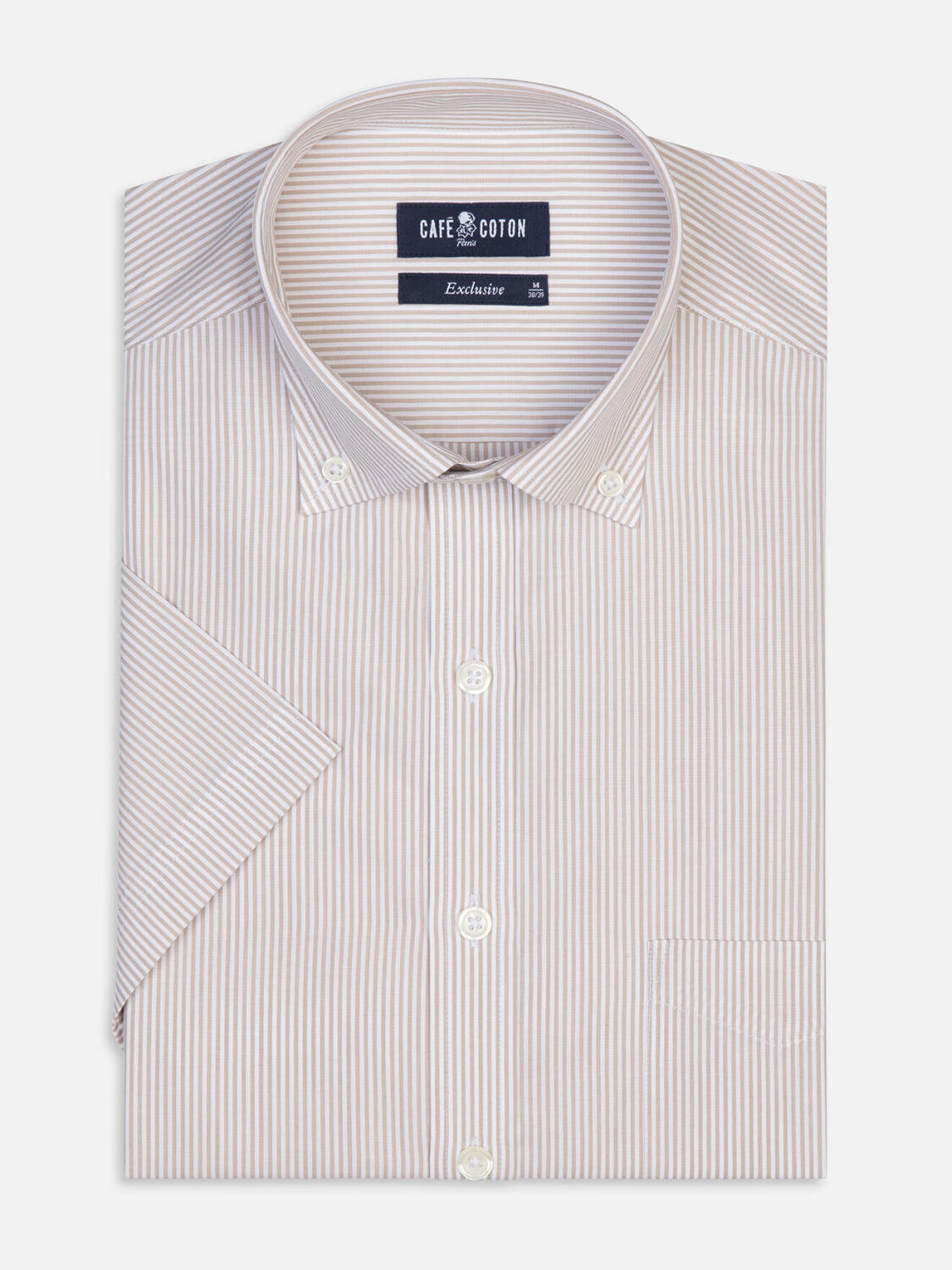 Menthon Kurzarmhemd mit beige Streifen   - Button down Kragen