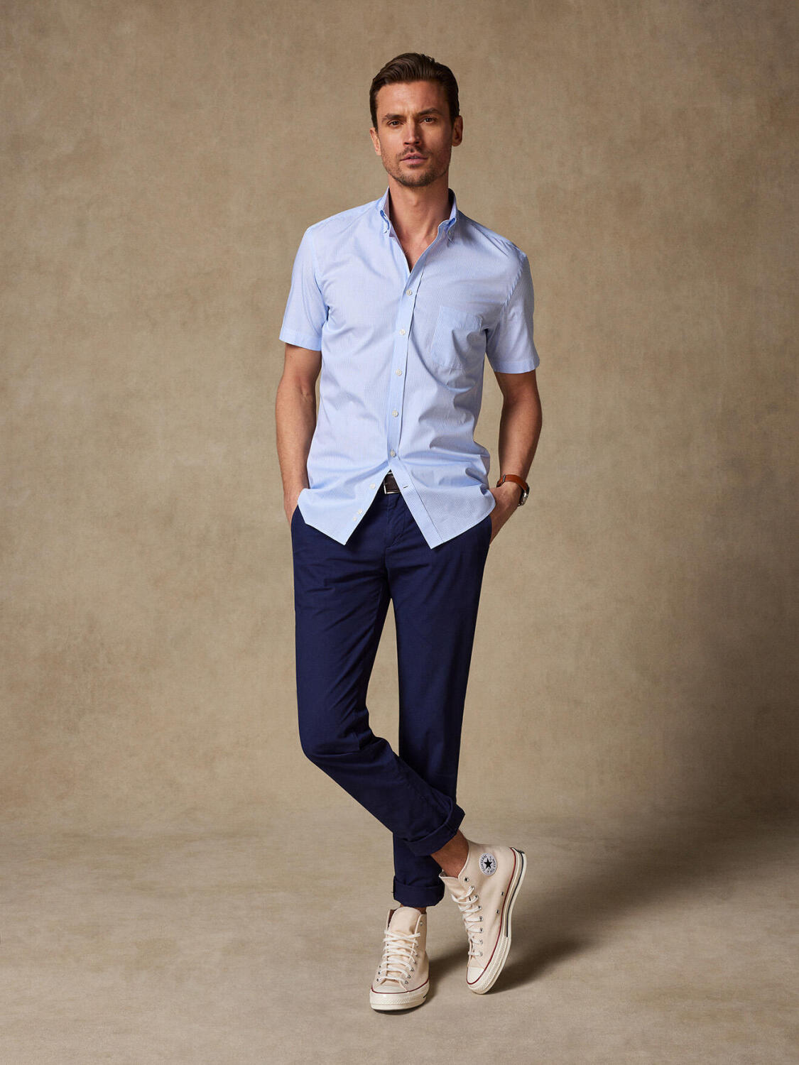 Camicia a maniche corte Menthon a righe celeste - Colletto button-down