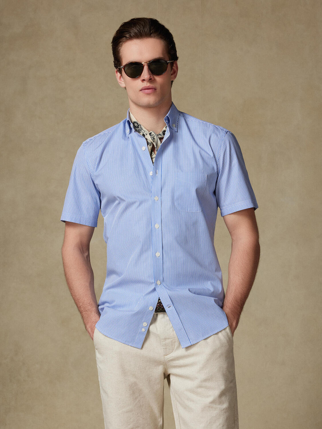 Camicia a maniche corte Menthon a righe blu - Colletto button-down