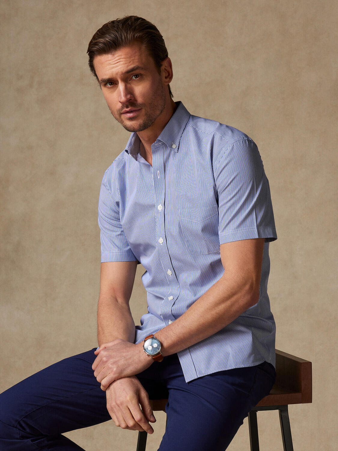 Camisa manga corta Menthon rayas marineras - Cuello Abotonado
