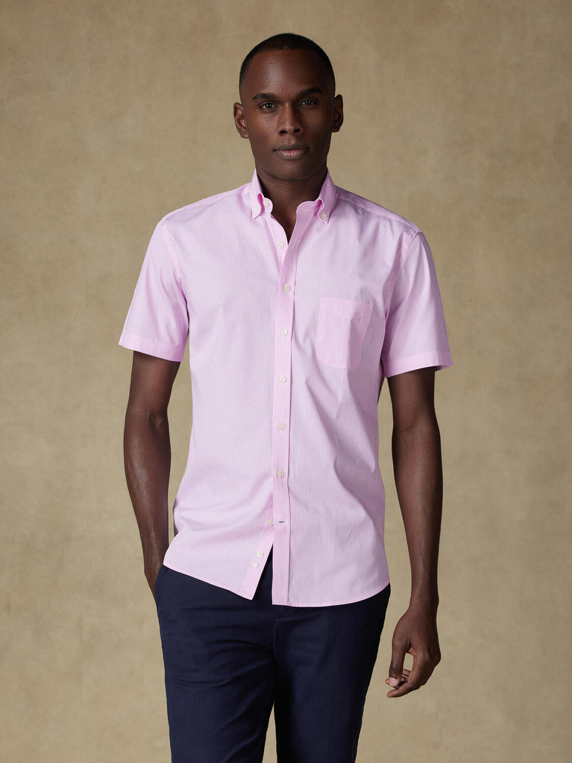Chemise manches courtes Menthon à rayures rose - Col boutonné