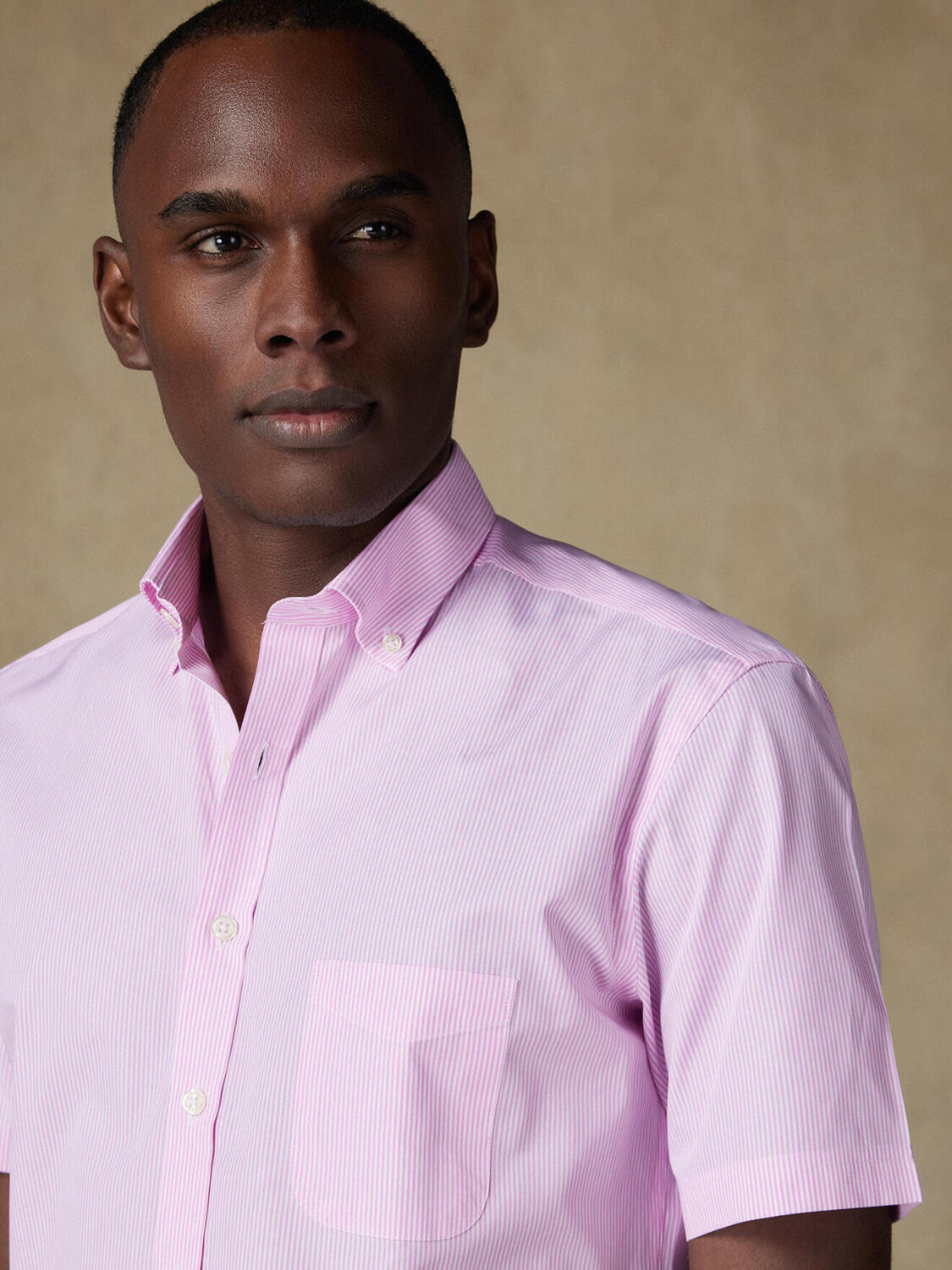 Chemise manches courtes Menthon à rayures rose - Col boutonné