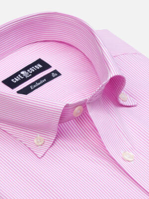 Chemise manches courtes Menthon à rayures rose - Col boutonné
