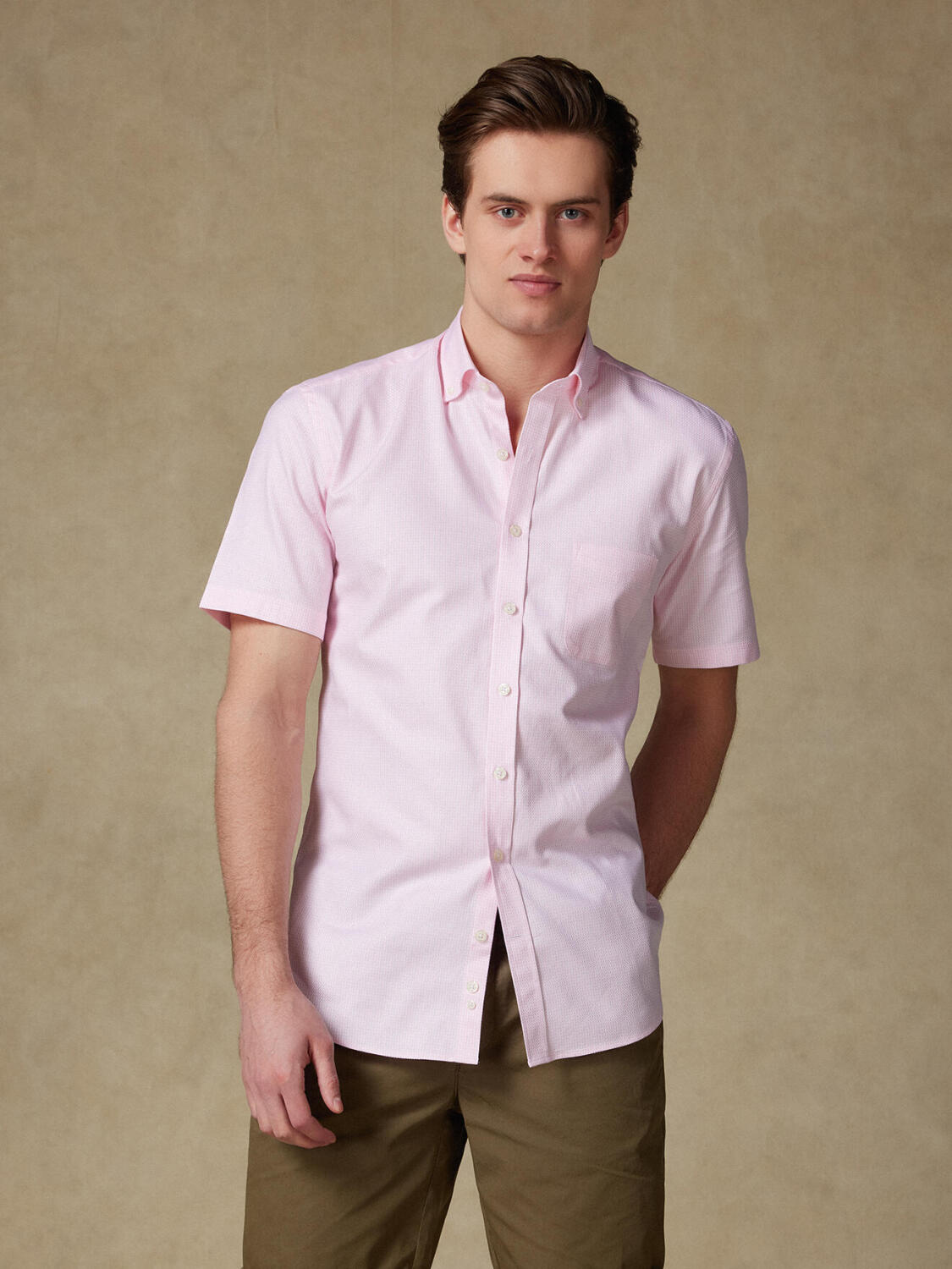 Miles short sleeves shirt in pink basketweave   - Button down collar