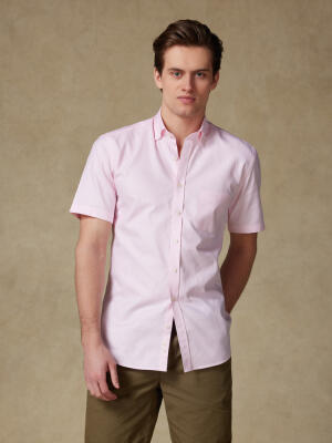 Chemise manches courtes Miles en natté rose  - Col Boutonné