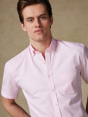 Chemise manches courtes Miles en natté rose  - Col Boutonné