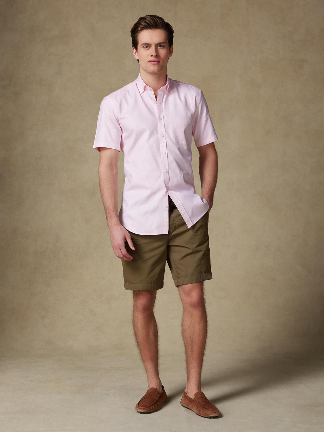 Miles short sleeves shirt in pink basketweave   - Button down collar