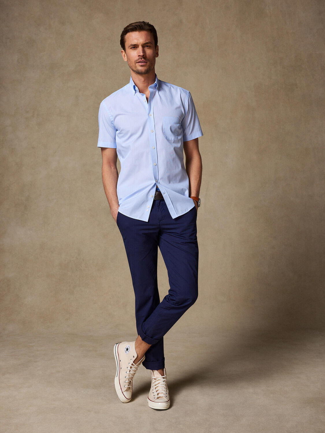 Chemise manches courtes en mille raies ciel - Col boutonné