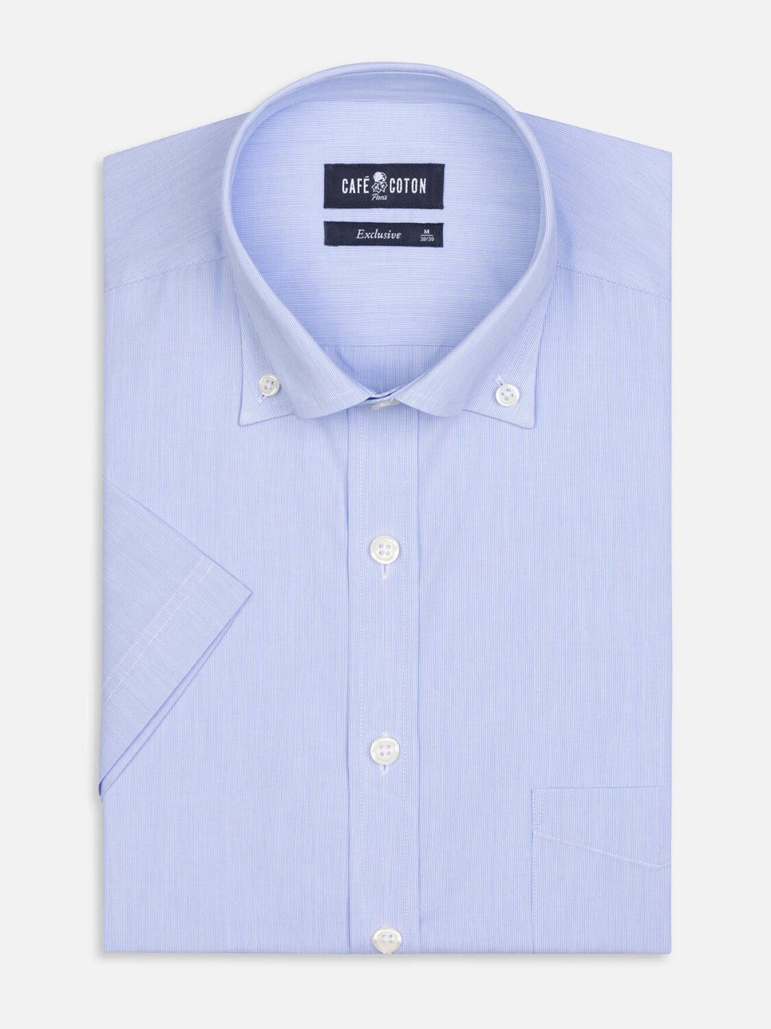 Chemise manches courtes en mille raies ciel - Col boutonné