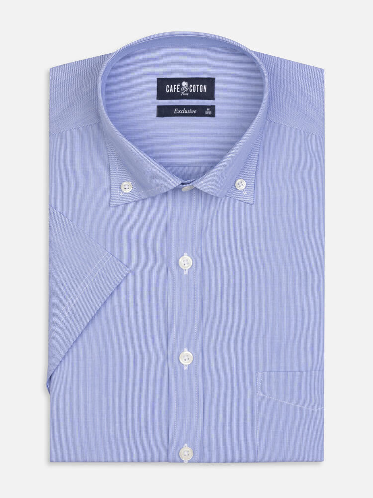 Chemise manches courtes en mille raies bleue - Col Boutonné