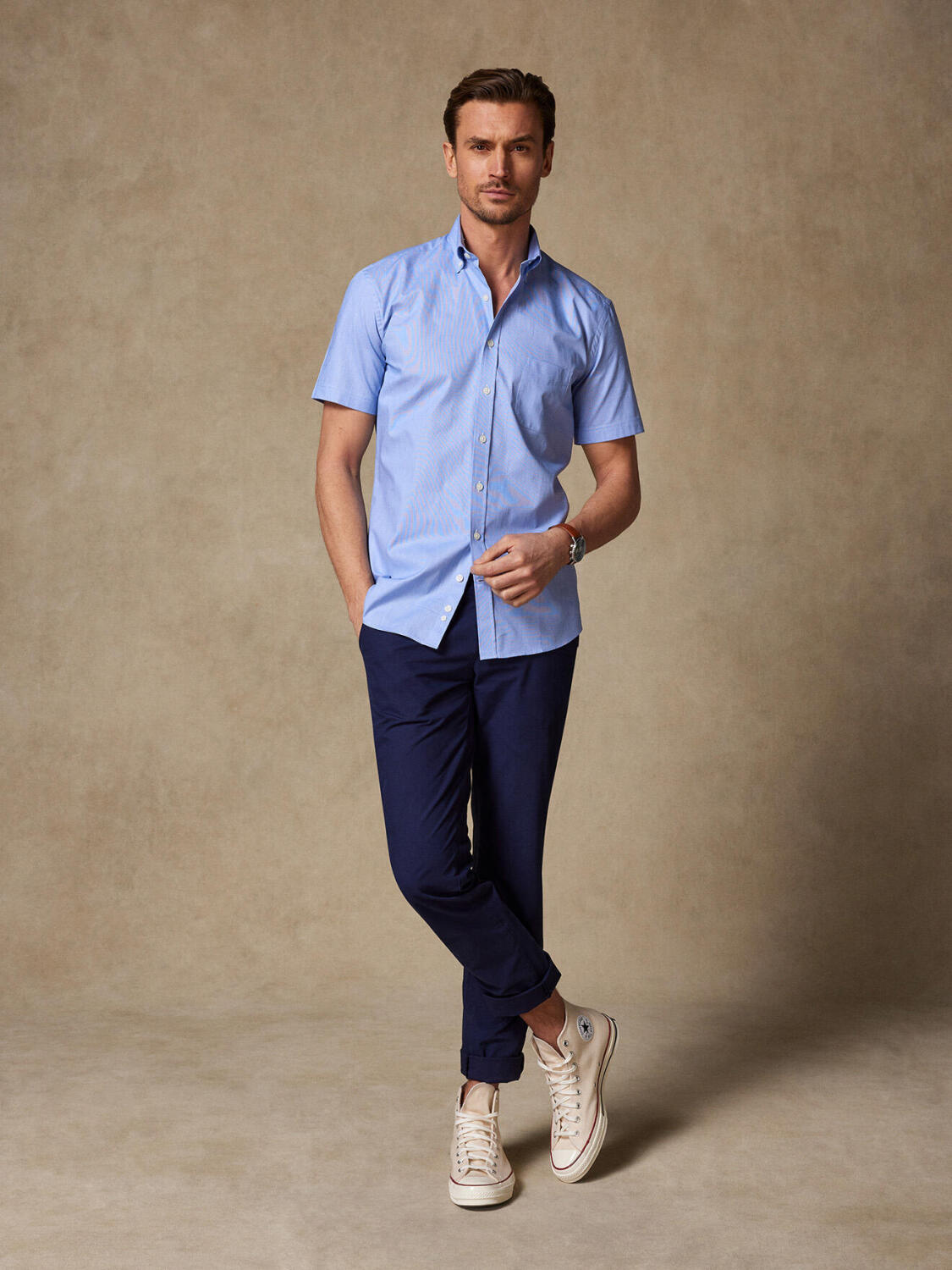Chemise manches courtes en mille raies bleue - Col boutonné