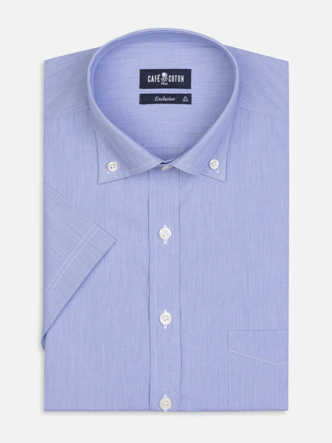 Chemise manches courtes en mille raies bleue - Col boutonné