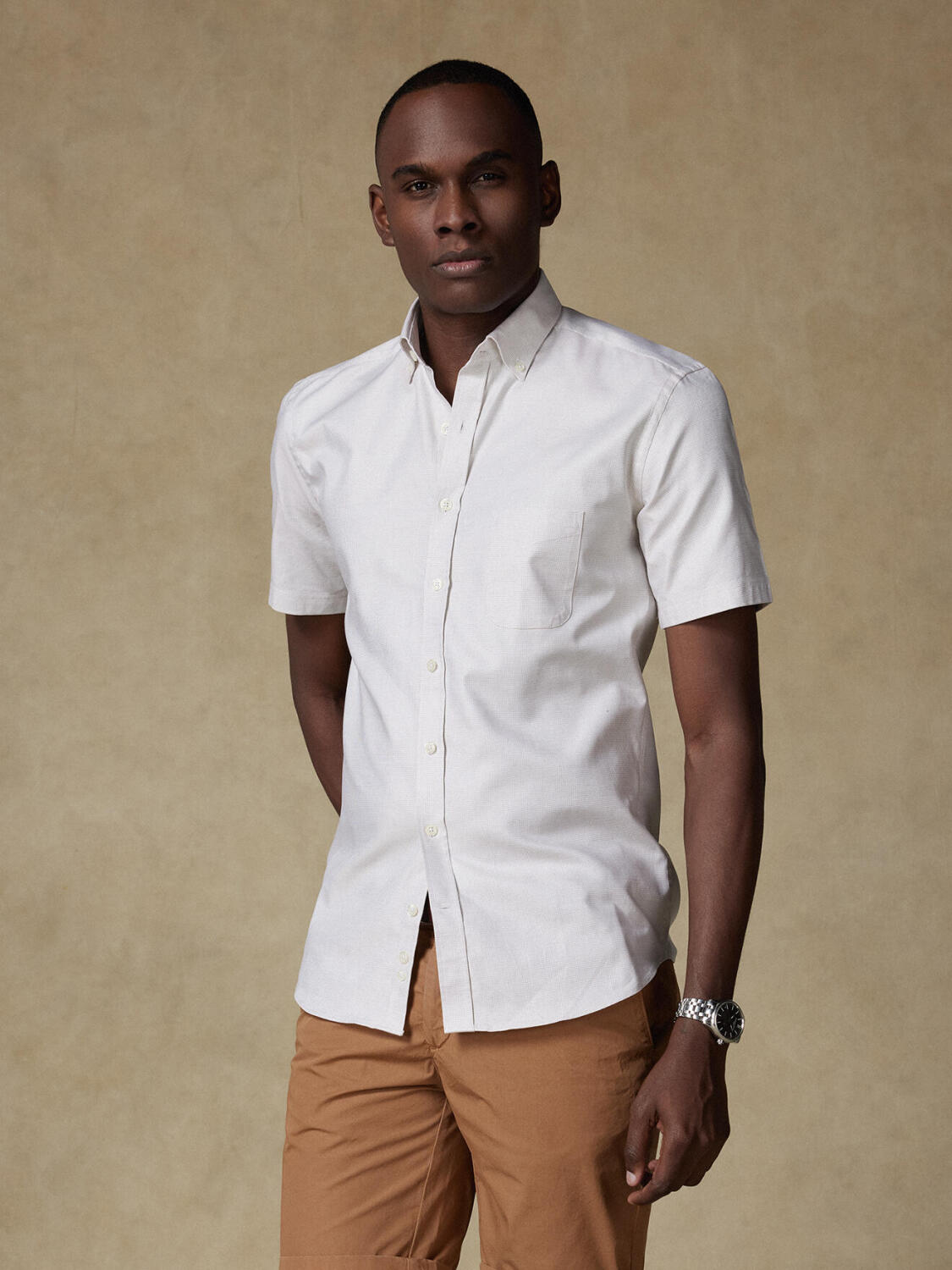 Chemise manches courtes en natté sable - Col boutonné