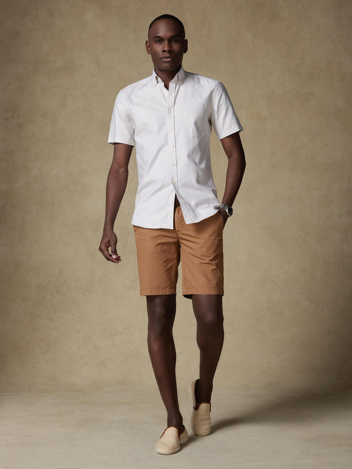 Chemise manches courtes en natté sable - Col boutonné