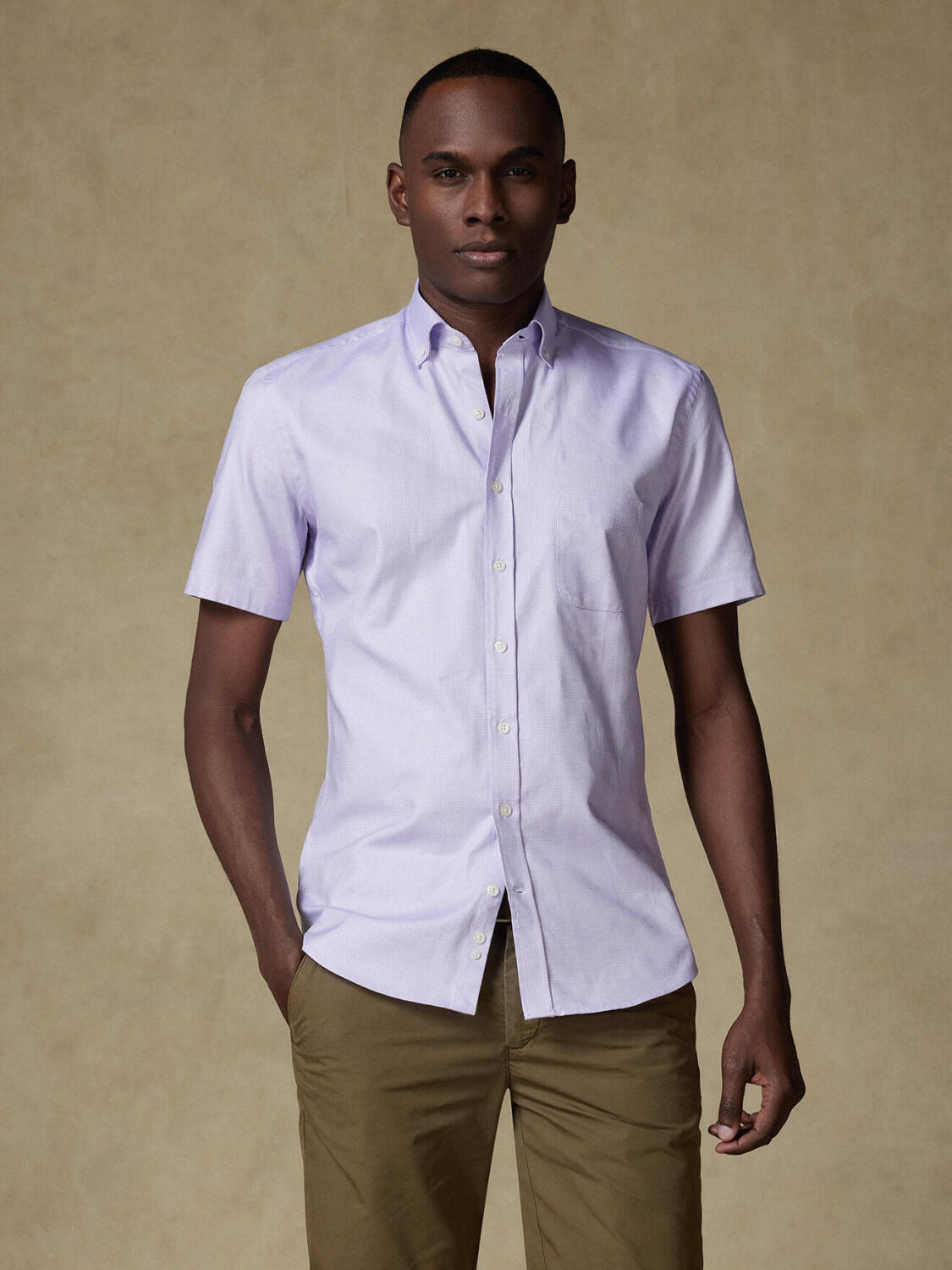 Basketweave short sleeves shirt lilac   - Button down collar