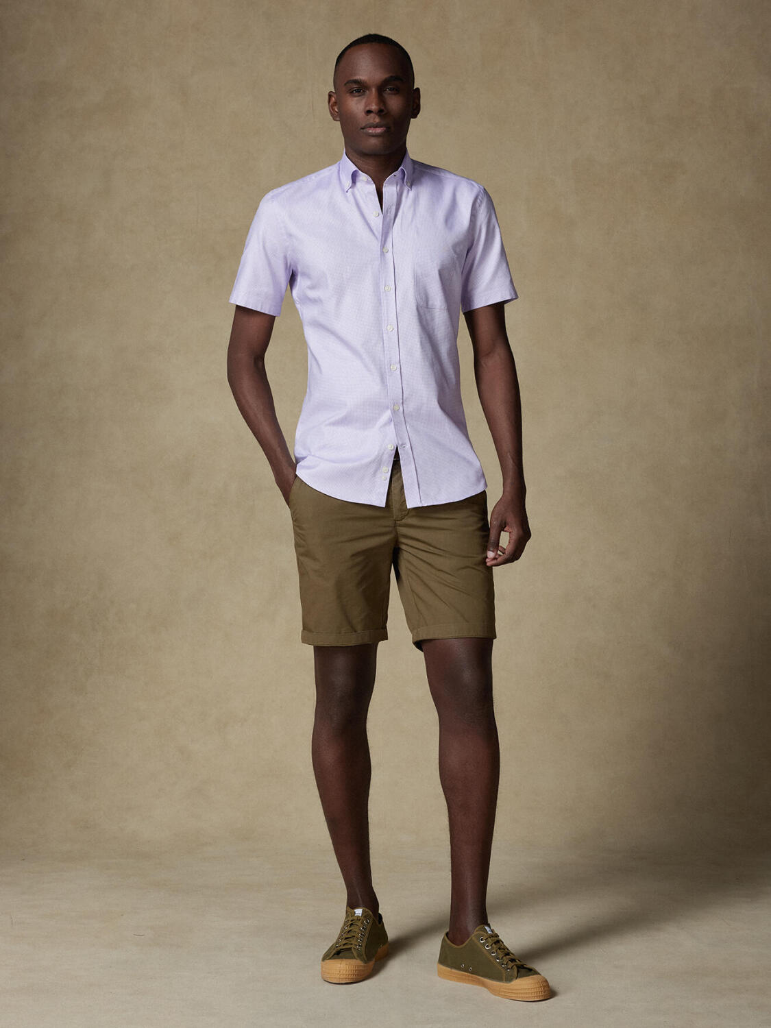 Basketweave short sleeves shirt lilac   - Button down collar