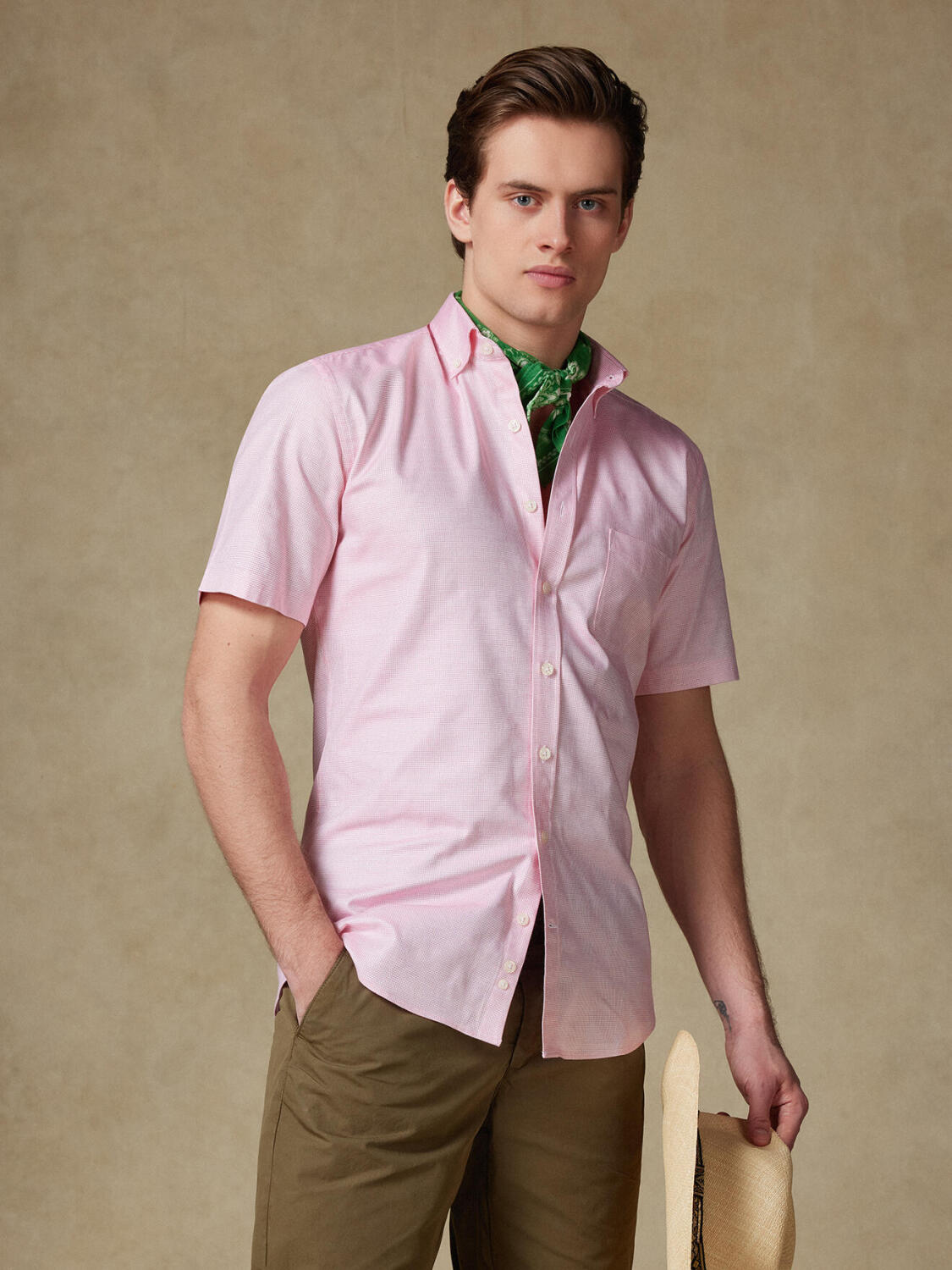 Chemise manches courtes en natté fuchsia - Col boutonné